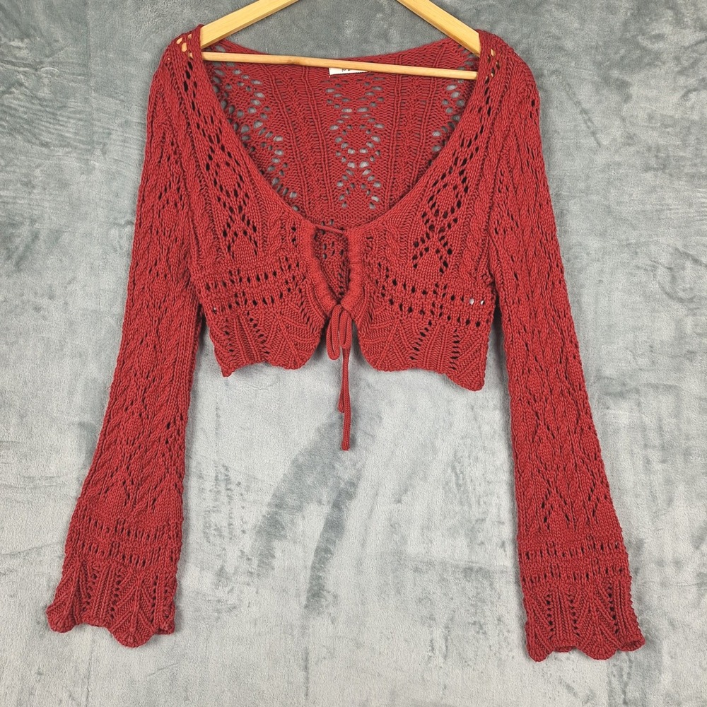 Womens Top Small Crochet Cottagecore Open Knit Crop Boho Tie Front Beach Coastal